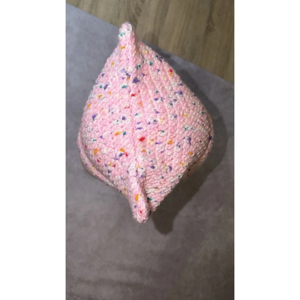 Handmade Crochet Pink Confetti Cat Ear Beanie Hat Adult Teen Gift